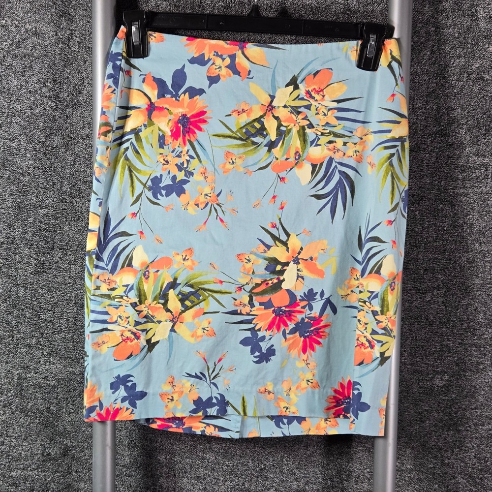 Talbots Petites Light Blue Tropical Floral Cotton Stretch Pencil Skirt 4P
